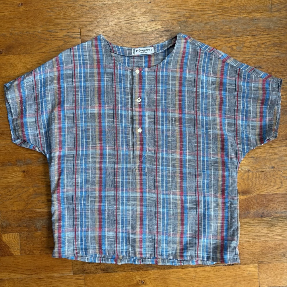VNTG 80s Yves Saint Laurent YSL Chemises Plaid Shirt Blouse Womens Medium Paris